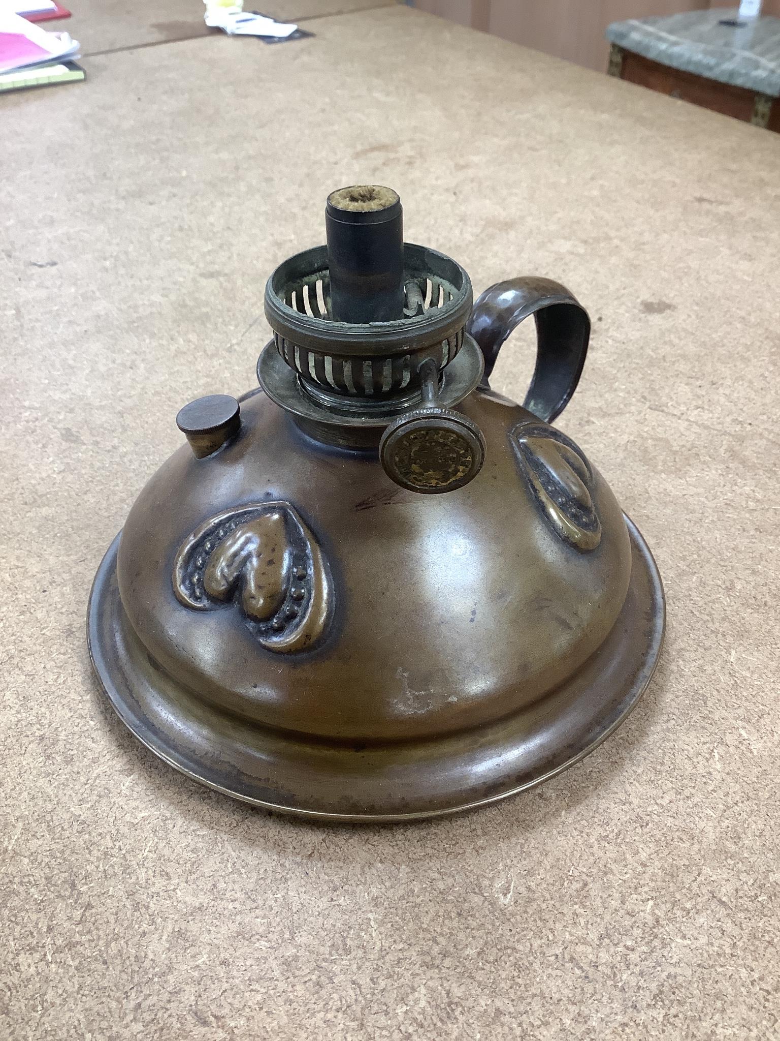 An unusual Victorian copper pie-mould, teak cased set of Bezique scorers, a brass link chain, a 19th century pewter pitcher, an Art Nouveau oil lamp, and two other items